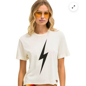 Aviator Nation Cream Tee with Black Lightning Bolt